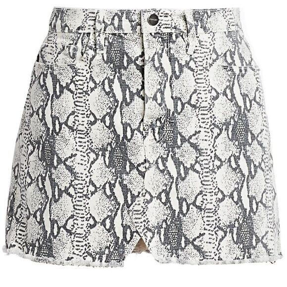 FRAME LE MINI SPLIT FRONT TONAL DENIM MINI SKIRT IN GREY PYTHON PRINT NWT - Picture 1 of 11
